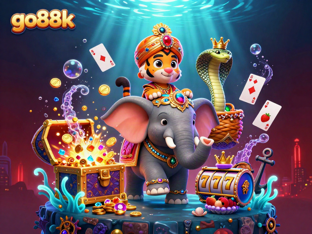 Engage with go88k's vibrant gaming scene featuring a decorated elephant and maharaja in casino-themed 3D illustration.
