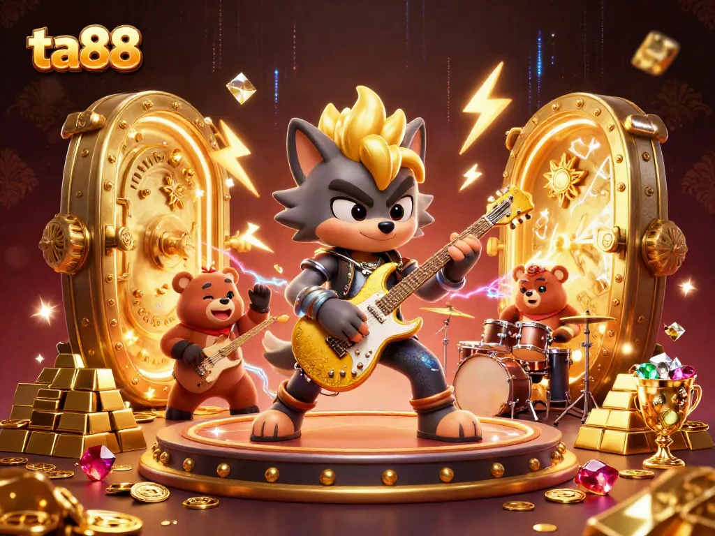 Experience the excitement of ta88: a rock star wolf and drummer bear perform onstage amidst dazzling casino treasures.