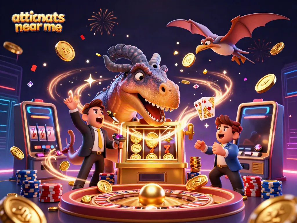 pachycephalosaurus winning at a slot machine with casino manager and coins raining down, attorneys near me
