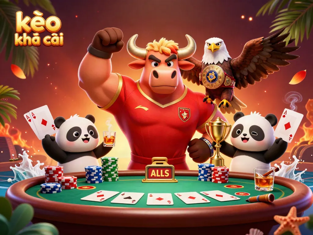 Engage with kèo nhà cái in this vibrant scene featuring a bull mascot and friends celebrating victory at a poker table.