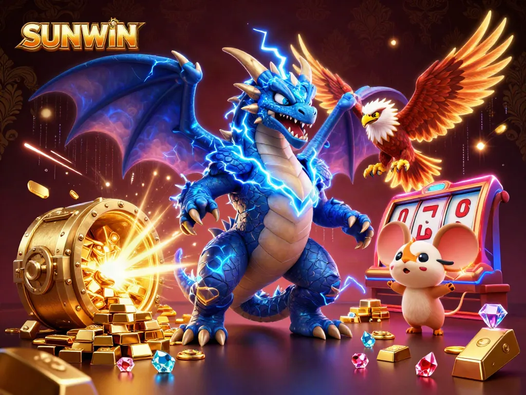 Sunwin powers up with vibrant energy as a thunder dragon and glowing hawk entertain casino players among overflowing treasure.