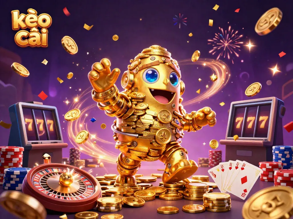 Experience exciting kèo nhà cái moments with a dynamic scene featuring a golden golem and casino elements.
