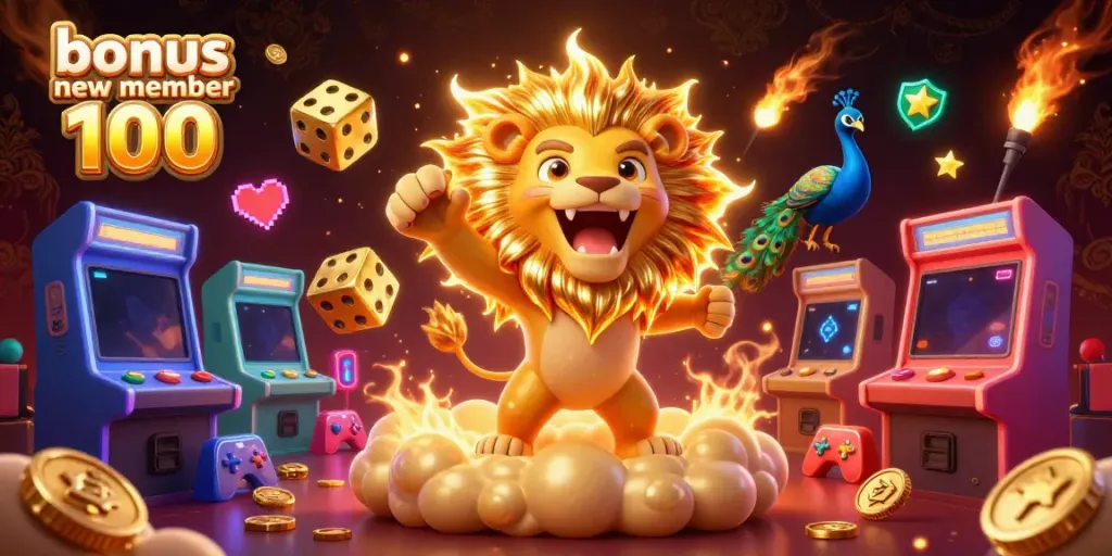 Engaging scene showcasing a roaring sun lion and golden dice, highlighting the bonus new member 100 theme in a vibrant casino setting.