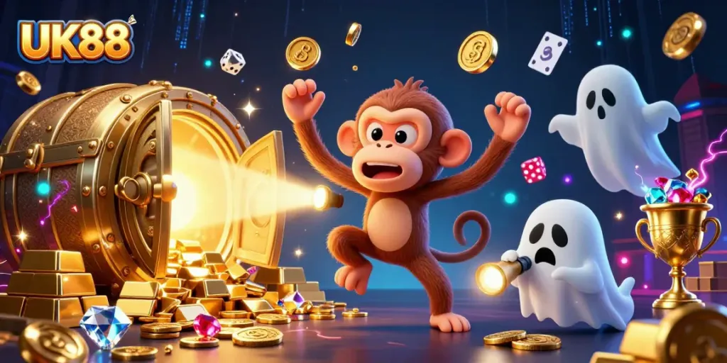Engage with UK88's vibrant casino scene filled with gold, gambling elements, and playful characters.