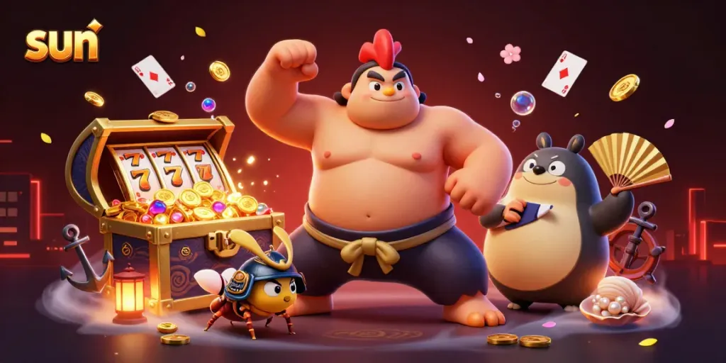 Play exciting slots with sun-themed treasures in this vibrant casino scene illustration.