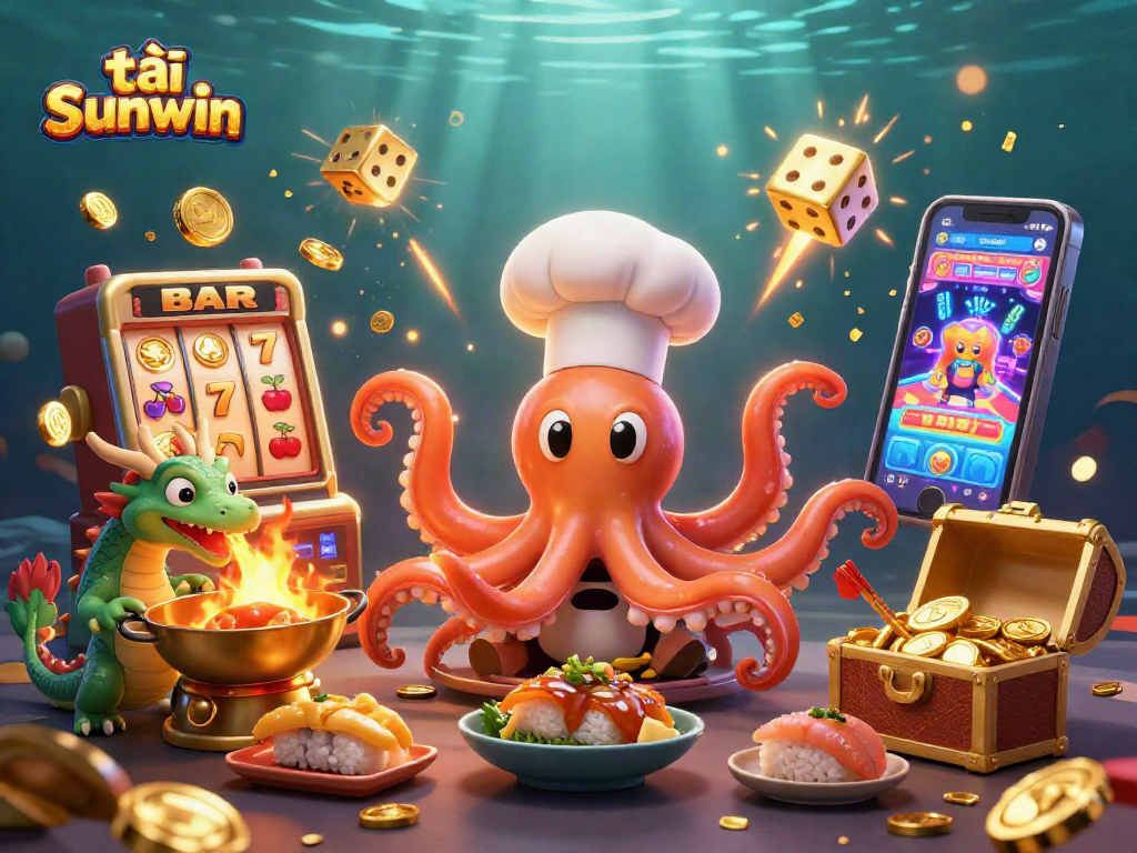 Exciting scene showcasing tải Sunwin with a dynamic 3D illustration of an octopus chef, dragon, and tanuki in a vibrant casino environment.