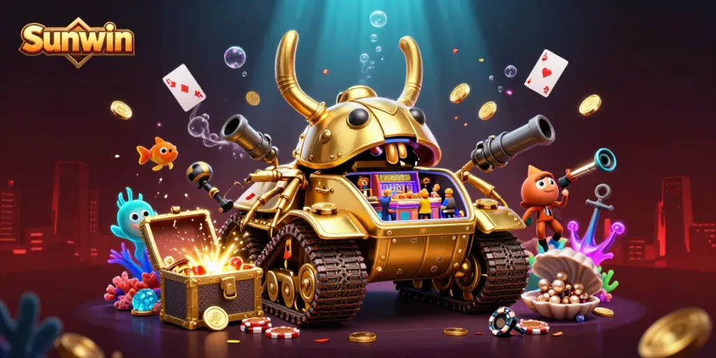 Experience the vibrant world of Sunwin through a dynamic 3D illustration filled with casino action and aquatic treasures.