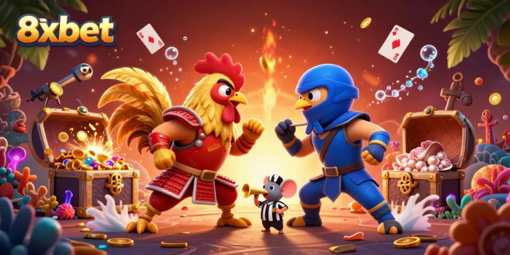Engage in thrilling battles as cartoon roosters clash in vibrant 8xbet casino-themed scene.