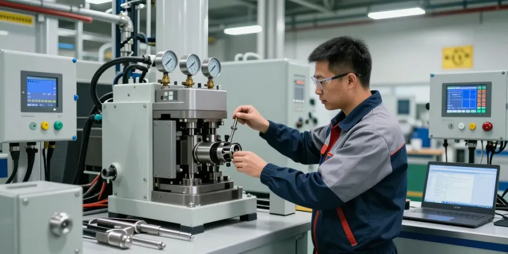 Technician calibrating a mechanical vacuum switch in an industrial automation setting with advanced machinery.