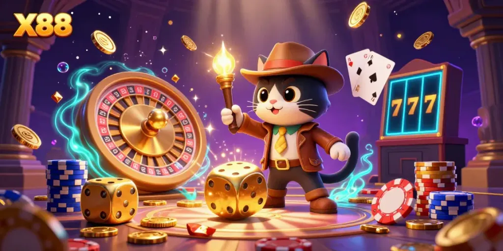 X88 casino exploration with a feline archaeologist and monkey discovering golden artifacts.