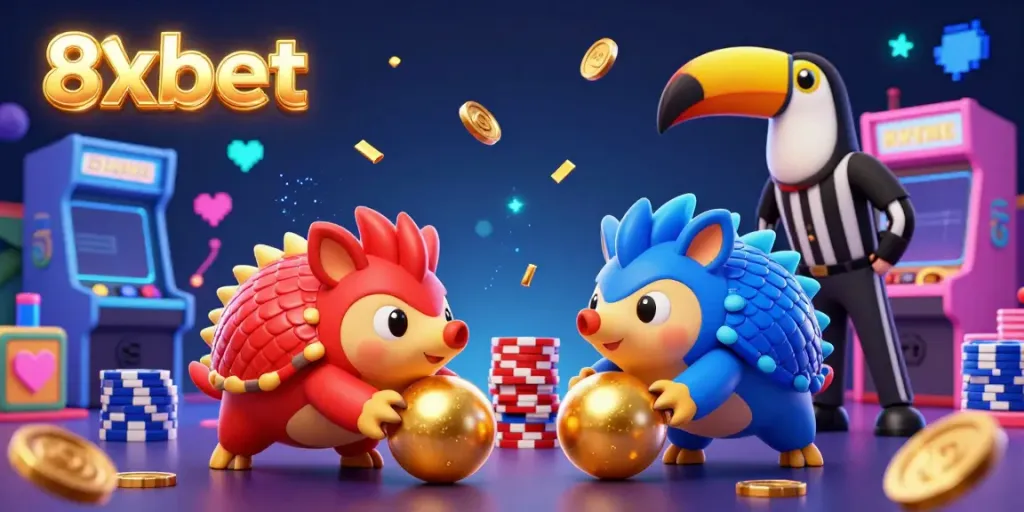 Engage in thrilling gameplay with 8xbet featuring animated pangolins and poker chips in a vibrant casino scene.