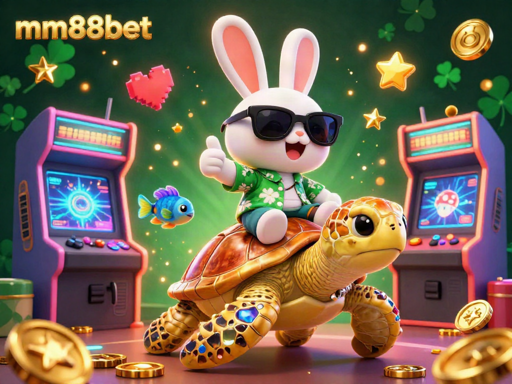 Engage in excitement with mm88bet as the lucky rabbit rides a golden turtle amidst vibrant casino elements.