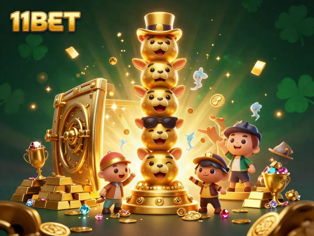 Engage in thrilling gaming at 11BET with a vibrant scene of animated casino treasures.