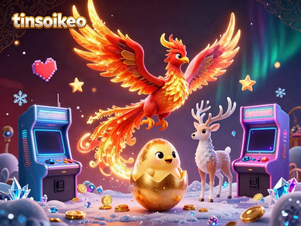 Experience dynamic gaming action with tinsoikeo’s ultra-detailed 3D phoenix and stag, surrounded by glowing casino elements.