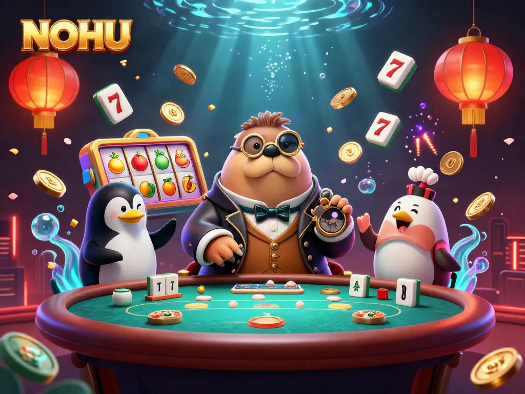 Win big at NOHU with a jolly walrus bluffing at an underwater poker table in an exciting casino scene.