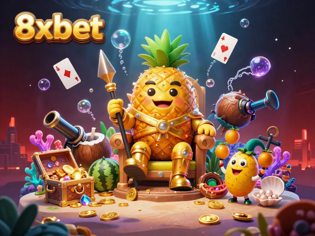 Experience vibrant gameplay at 8xbet with golden treasures and lively characters in a dynamic casino scene.
