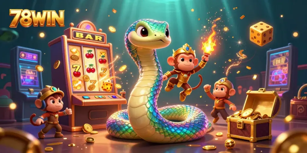 78WIN slot game scene featuring a vibrant rainbow serpent and monkey king amidst a jackpot explosion of coins.
