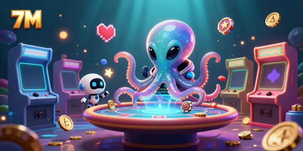 Engage with 7M's dynamic gambling universe featuring an alien octopus at a poker table.