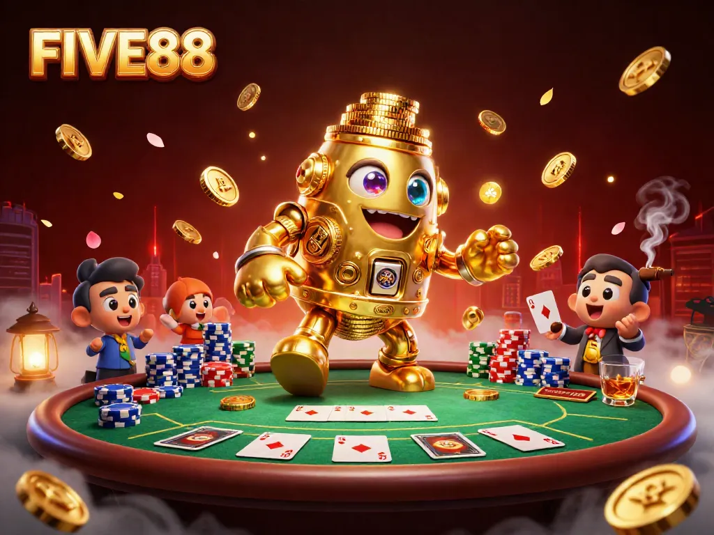 Engage with FIVE88 as a 3D cartoon golden golem and poker scene illustrate rich gaming experiences.