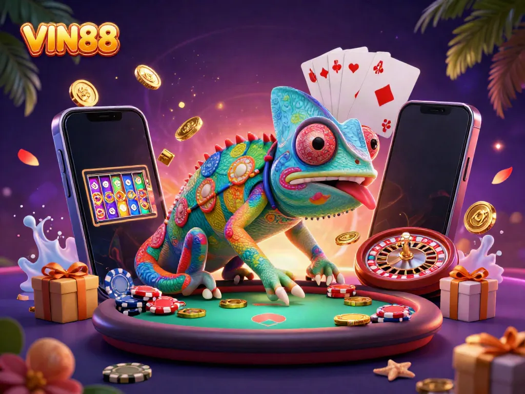 Engaging scene featuring VIN88's vibrant casino with colorful characters and dynamic gaming elements.