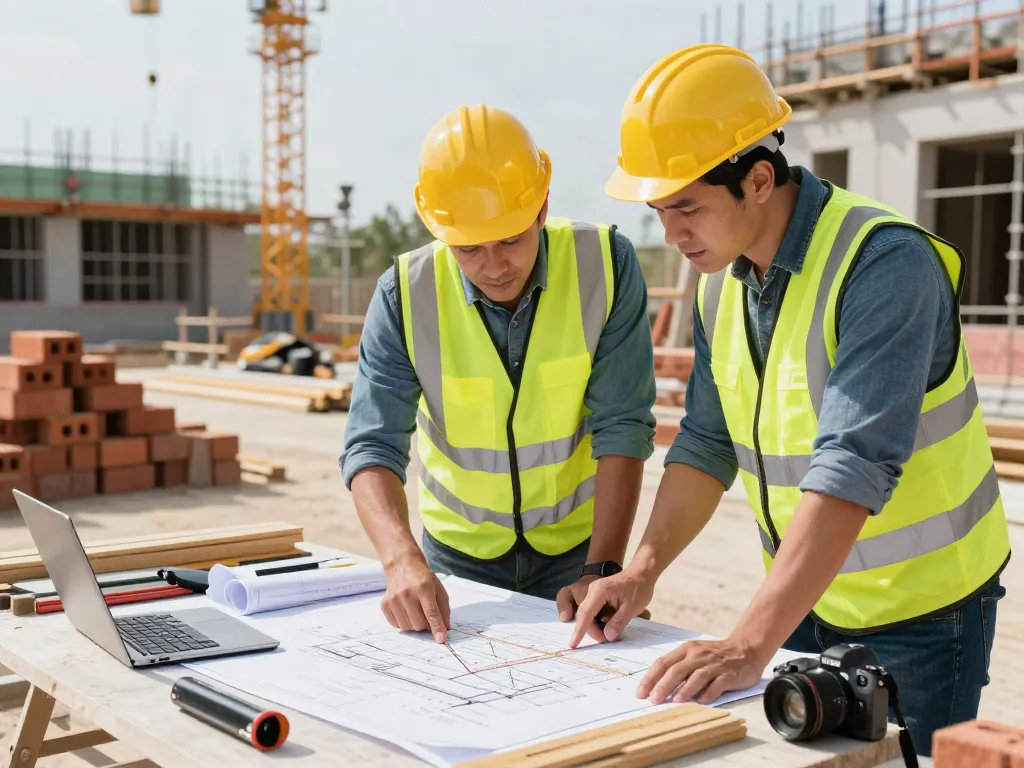 Quantity surveyor assessing construction plans with builder at a busy site.