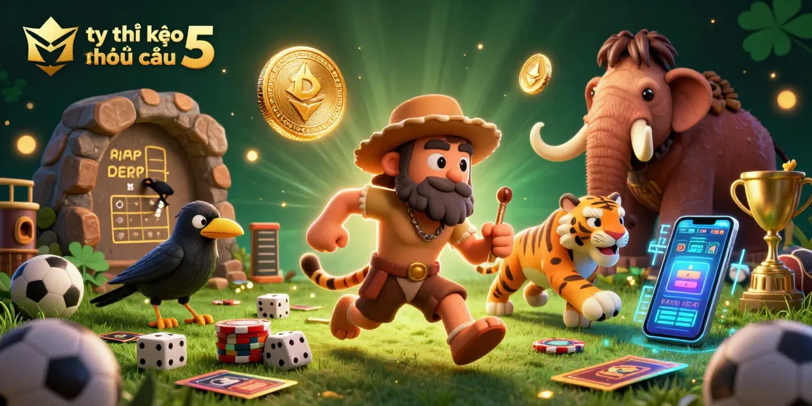 Engage with tỷ lệ kèo nhà cái 5 through a dynamic illustration featuring prehistoric characters in a sports betting casino setup.