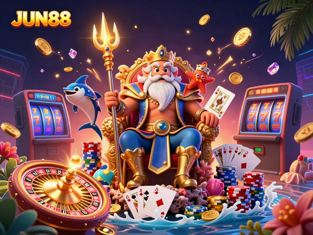 Experience thrilling casino adventures with JUN88 featuring Neptune and vibrant game elements.