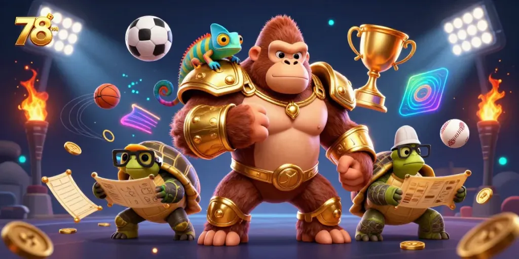 Bet on big wins with 78WIN's powerful gorilla king, colorful chameleon, and wise tortoise in a vibrant casino scene.