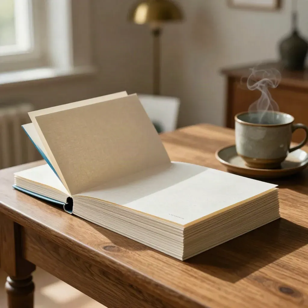 Cozy studio corner with booklet, blank cards and a ceramic cup in warm window light.