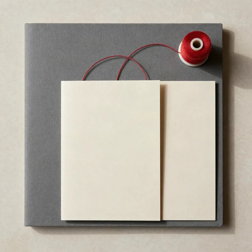 Red thread, project folders, and blank chapter cards on pale travertine in a clean editorial flat lay