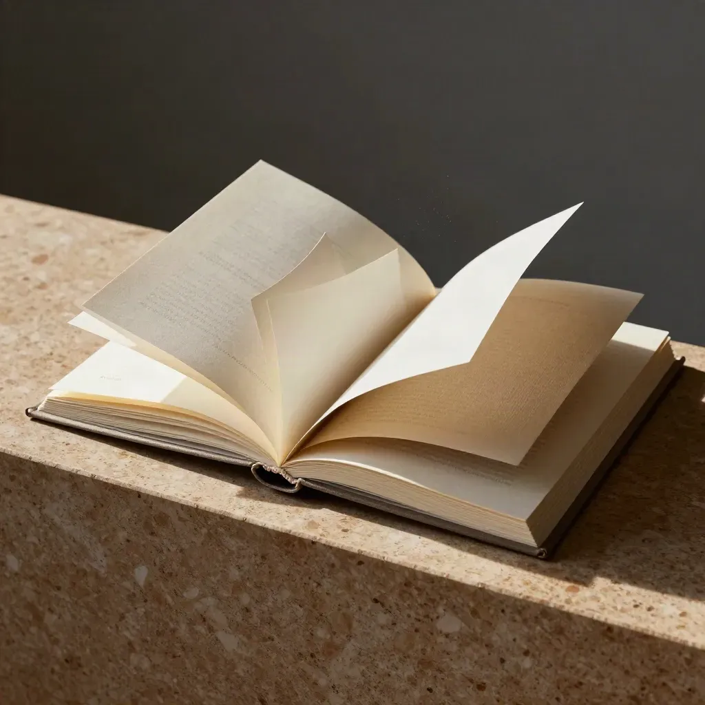 Linен bio booklet, two reference cards, and a folded sleeve on travertine
