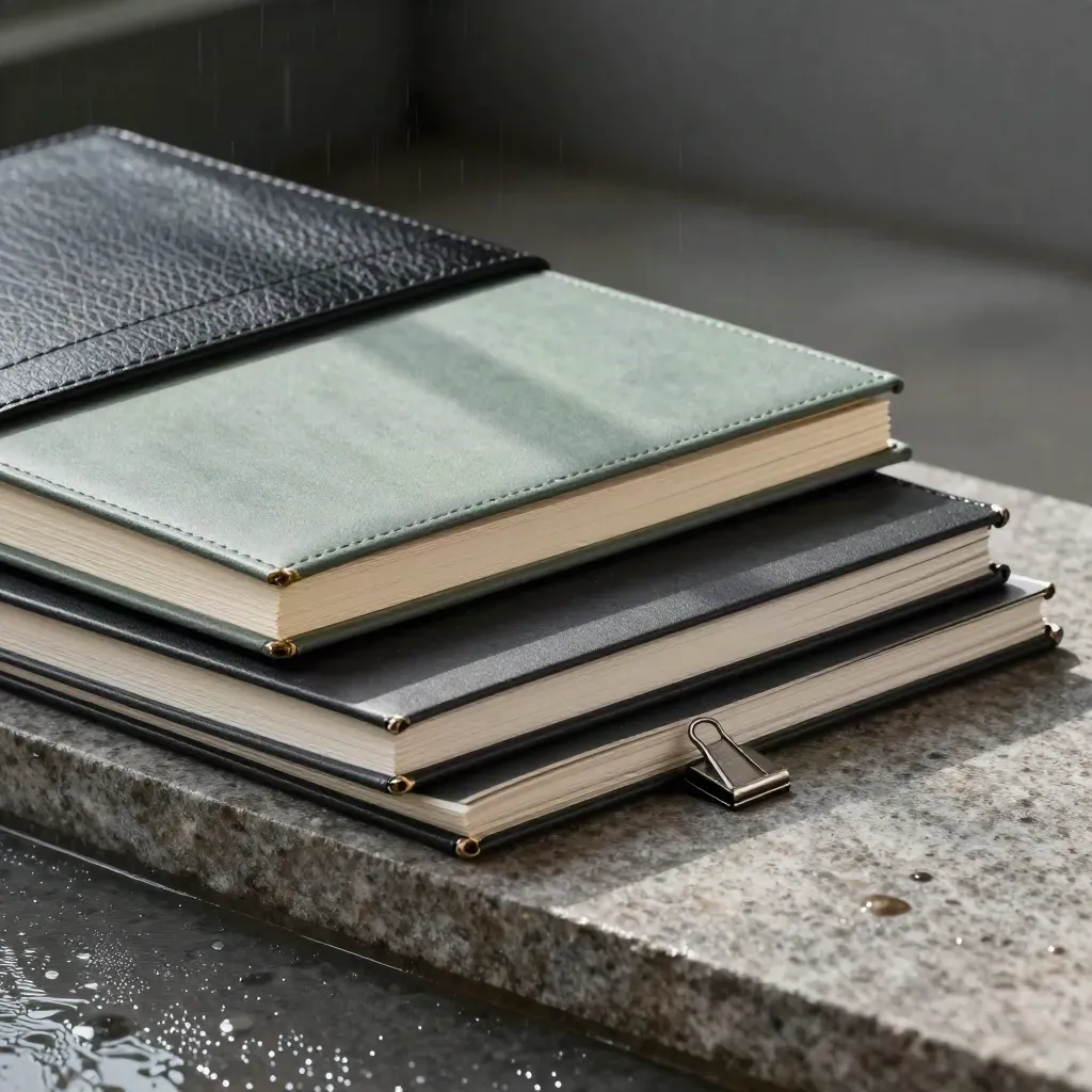 Macro of folio case, case-study book, notebook, clips and paper swatches on rain-dark stone.