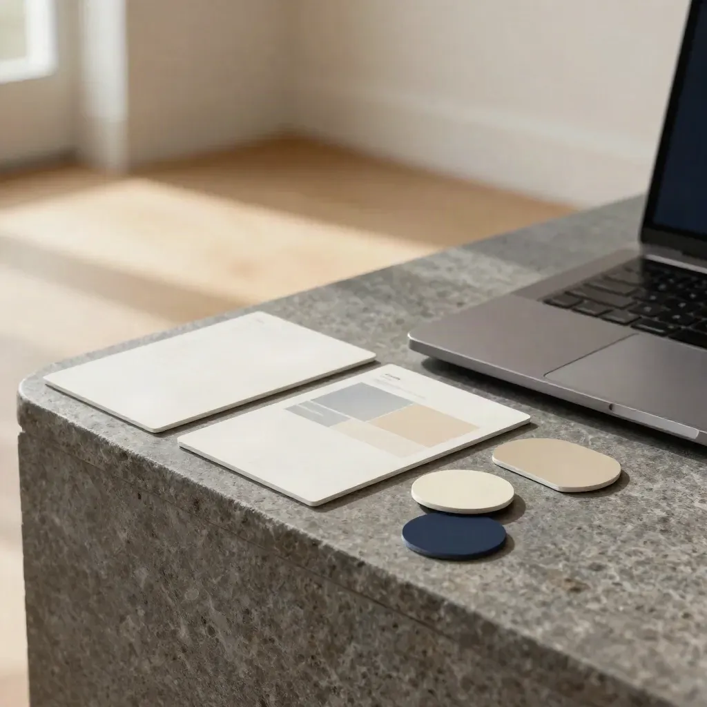 Portfolio audit kit with mock site cards, a closed laptop, and color chips on dark stone.