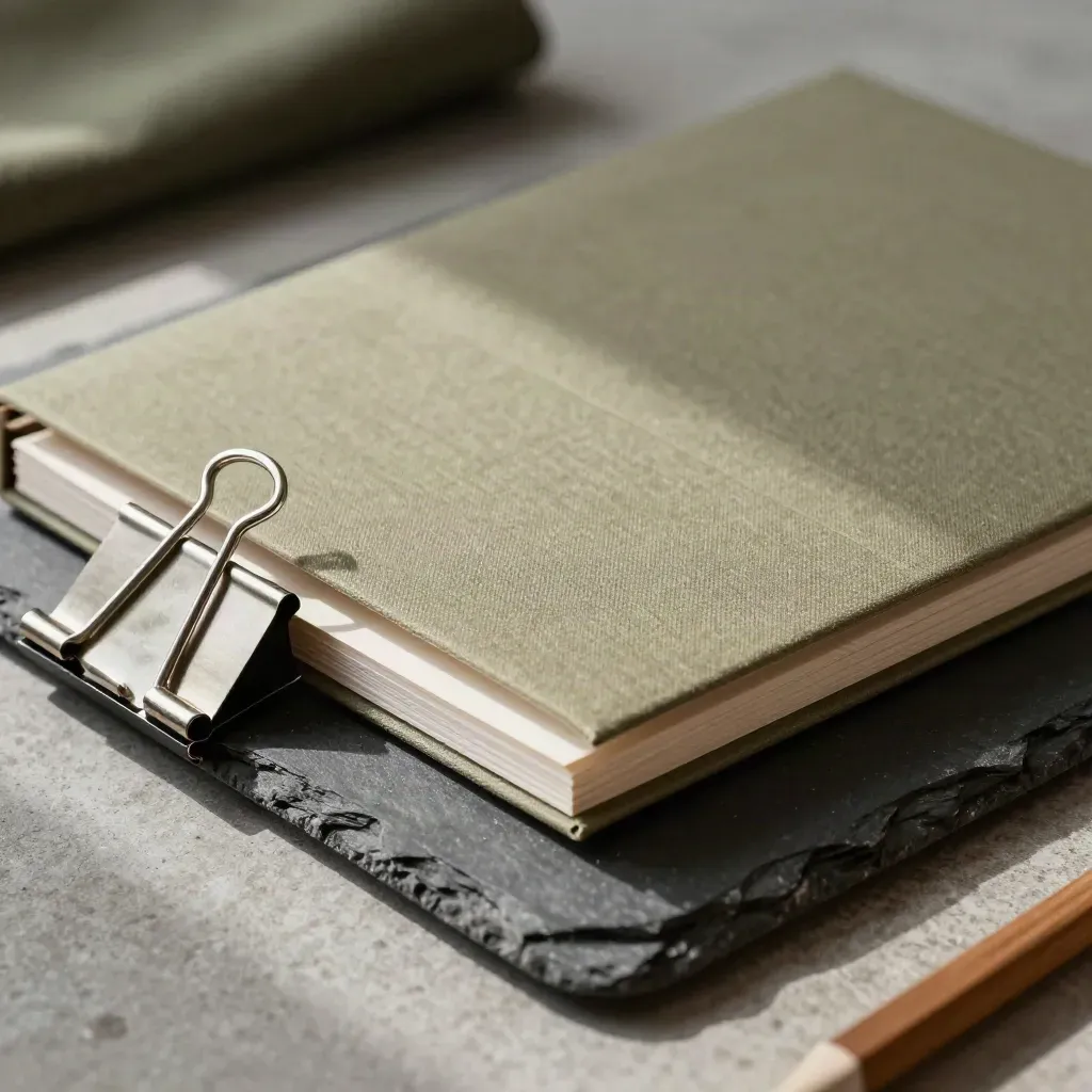 Khaki resume folio and binder clip on a slate tray in dramatic macro light