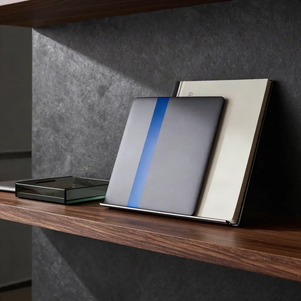 Closed laptop, inquiry tray, and standing folio on a moody launch shelf with cobalt reflection.