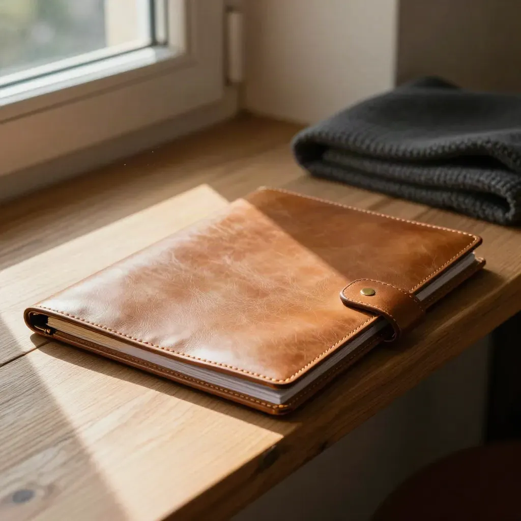 Leather CV folio, document sleeve, and brass clip on a warm window bench
