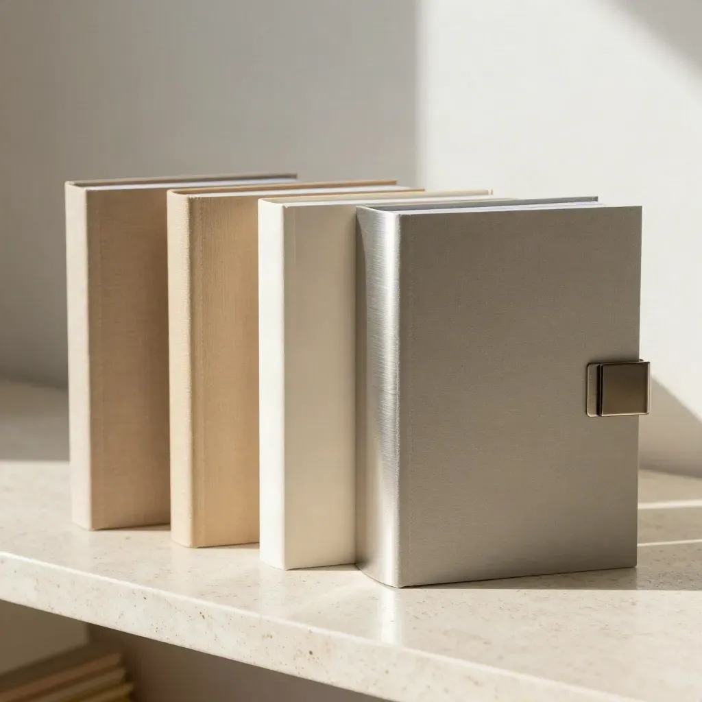 Three fanned booklets, a divider, and a metal clamp on a travertine surface.
