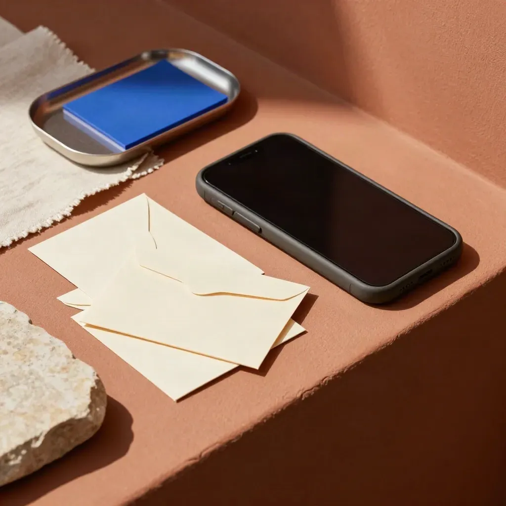 Face-down phone, three reply cards, and prompt tabs on a terracotta ledge