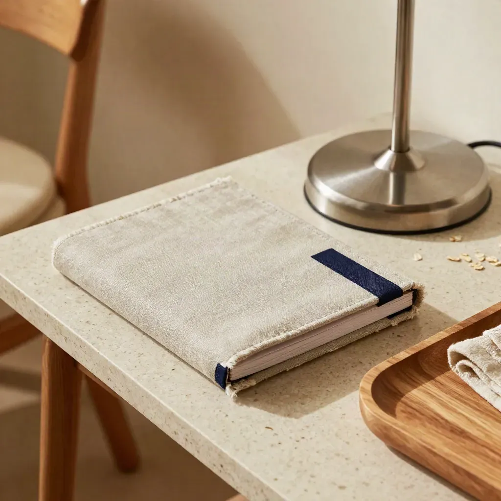 Warm linen booklet with navy bookmark and pewter lamp base on travertine.