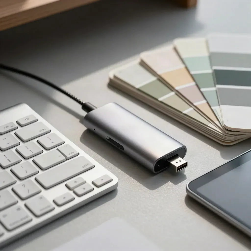 Extreme macro of an aluminum keyboard, trackpad, USB hub, and colour swatch fan on a desk.