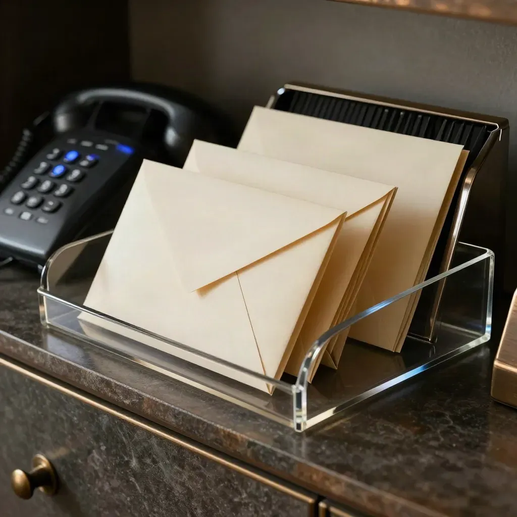 Silent phone, clear tray, and cream envelope stack on a dark reply shelf with cobalt accents.