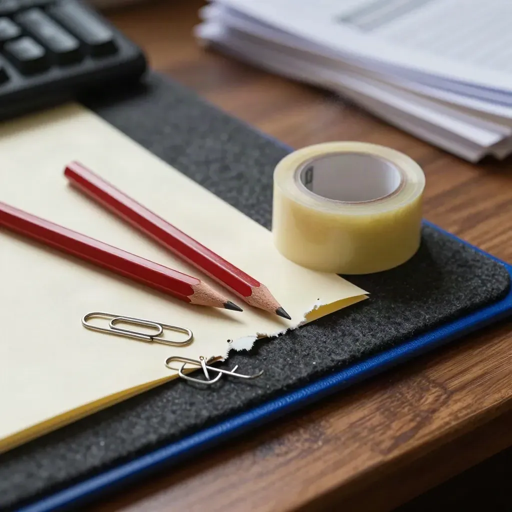 Dramatic editorial markup tools on dark felt: pencils, correction tape, paper clips, cobalt accent.