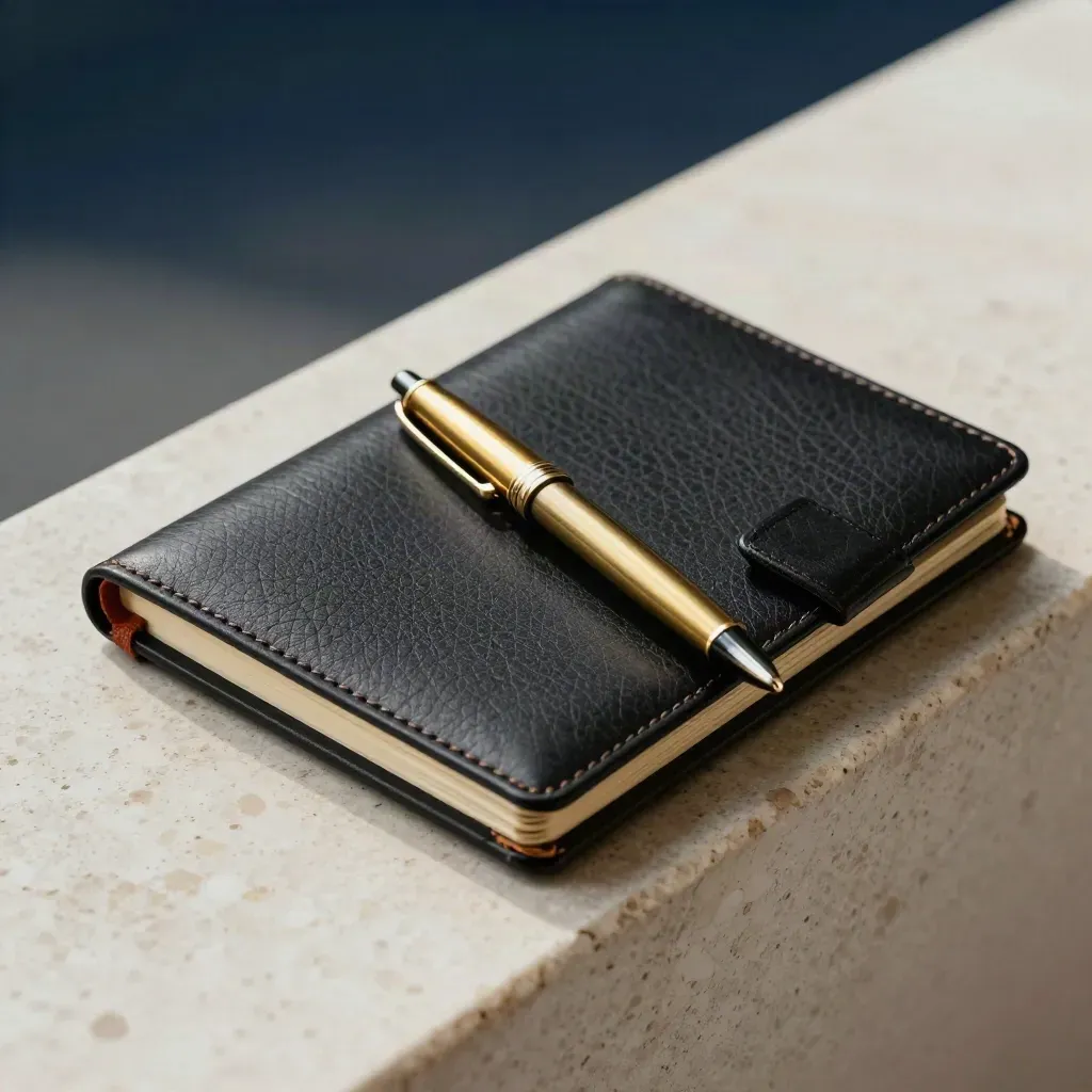 Black leather notebook, brass pen, and portfolio case on travertine