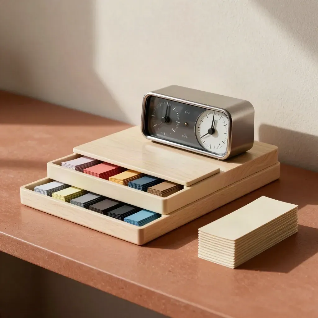 Nested trays, desktop timer, and color tabs on a matte terracotta workbench in soft daylight.