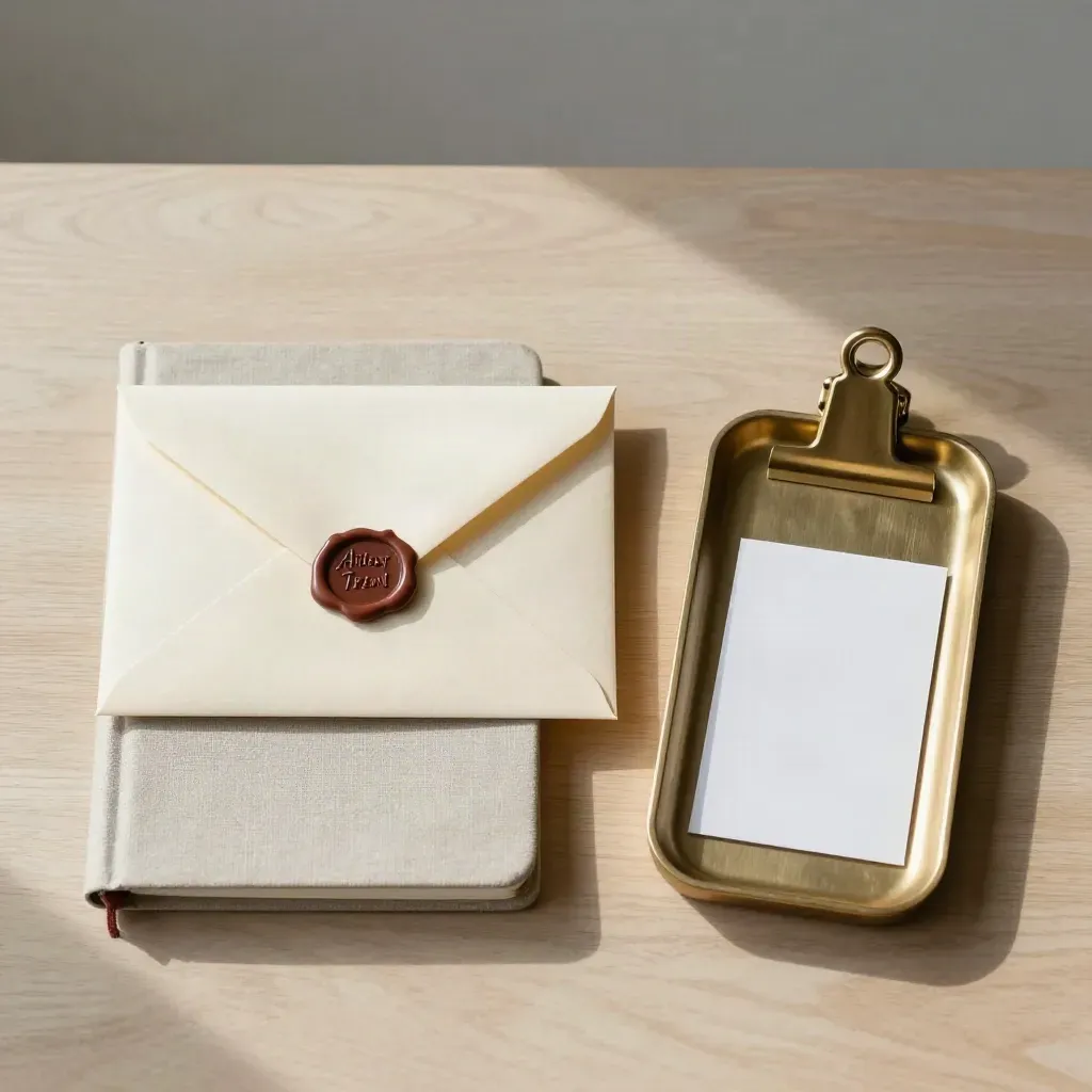 Overhead still-life of a sealed brief envelope, closed notebook, brass clip, and inbox tray on pale wood.
