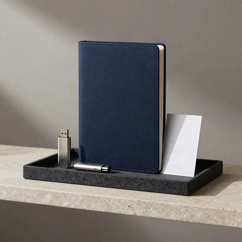 Closed navy folio, USB drive, and blank clipped card in a felt tray on stone.