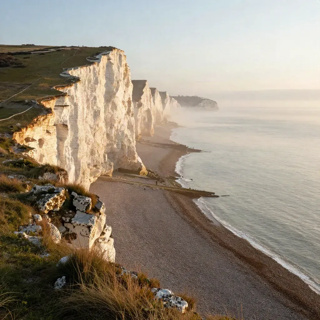 Brighton chalk cliffs and misty seafront ridge glowing in warm sunrise haze with open calm sea below.