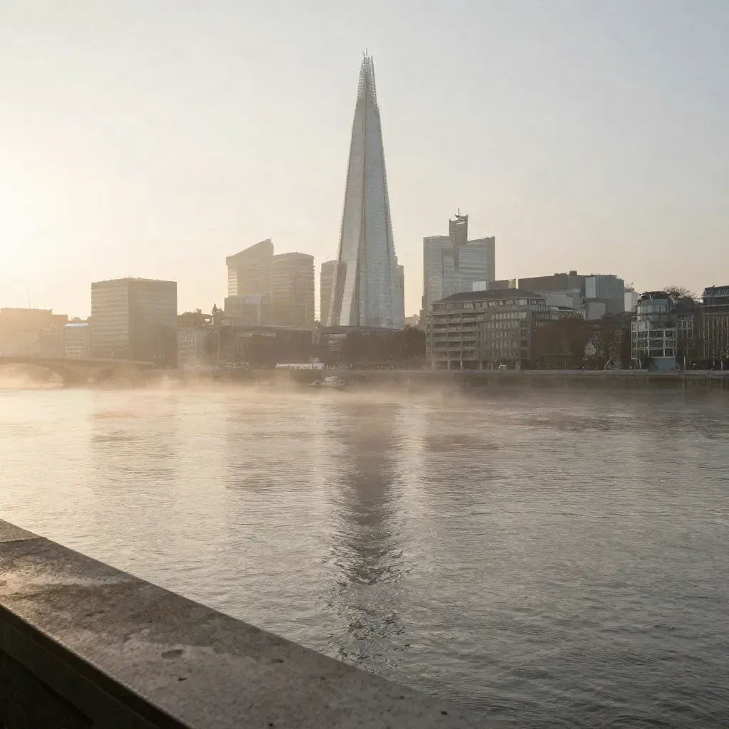Foggy Thames dawn with London skyline high above a calm river shimmer