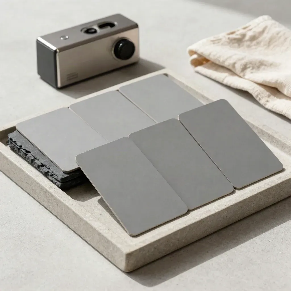 Four blank scope cards, divider block, linen cloth and timer on a stone tray in soft daylight.