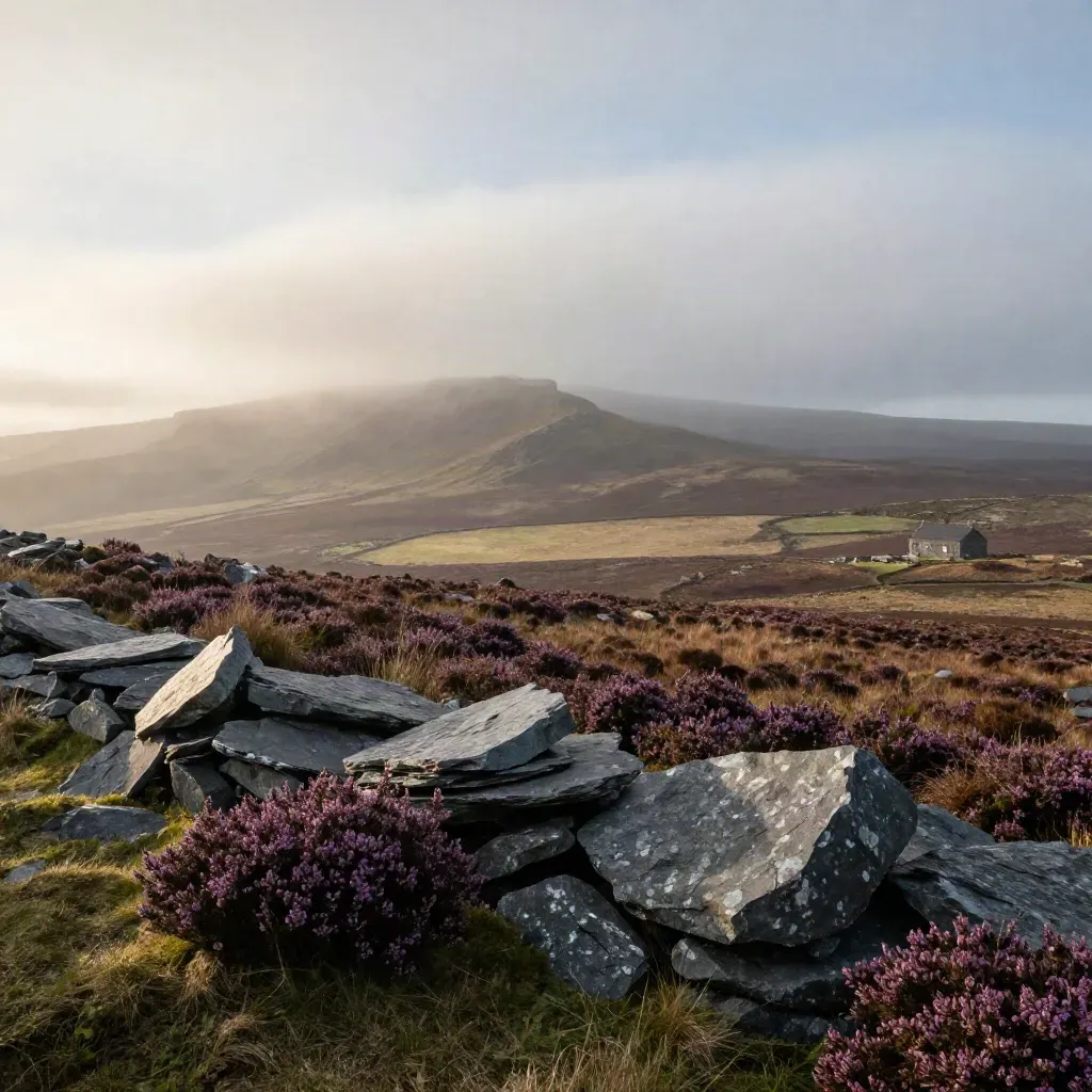 Misty UK moorland with a lone bothy roof and slate edge at first light.